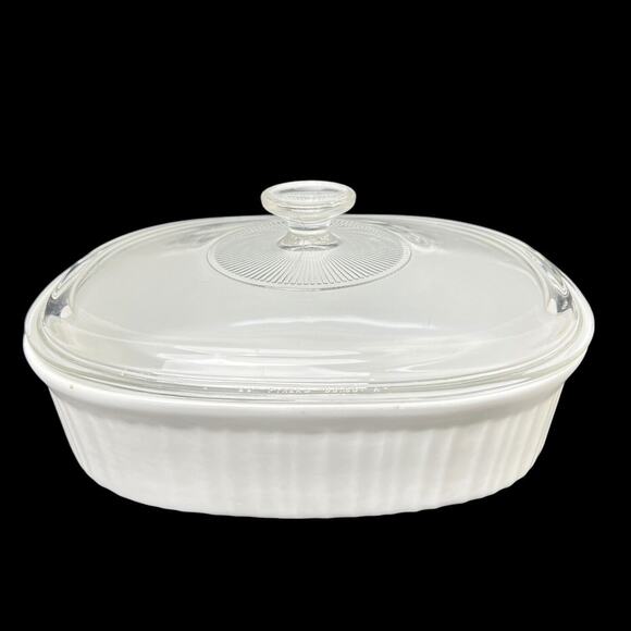 Corning French White Stoneware 2.5 Qt Oval Baking Serving Dish With Pyrex Lid - Picture 1 of 16